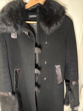 Mackage Black Wool Pea Coat with Fur Collar